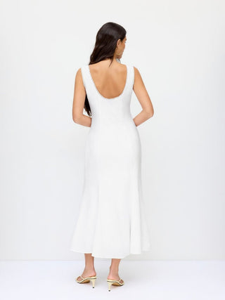Linen-blend Sweetheart Lace Trim Tie Front Mermaid Maxi Dress