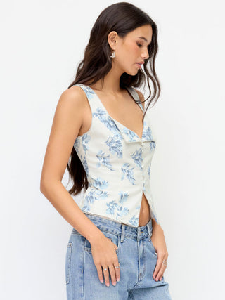 Linen-blend Floral V-neck Split Tie Back Tank Top