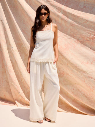Linen-blend Lace Square Neck Cami Top & Mid Rise Wide Leg Trousers Set