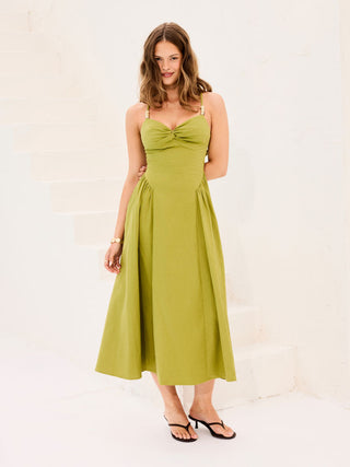 Linen-blend Sweetheart Twist Knotted Flared Maxi Dress