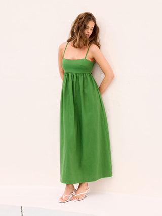 Linen-blend High Rise Tie Back Flared Maxi Dress