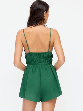 Cotton V-neck Mid Rise Ruched Drawstring Romper