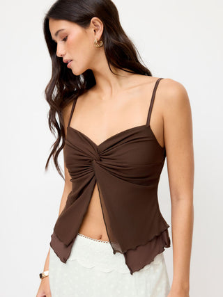 V-neck Double Layered Twist Lettuce Trim Cami Top