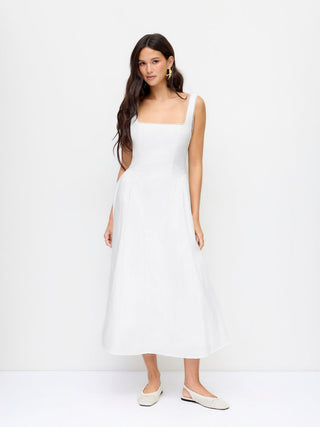 Cotton-blend Square Neck Lace Trim Bowknot Flared Maxi Cami Dress