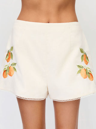Linen-blend Fruit Graphic Mid Rise Embroidery Shorts