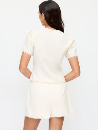 Linen-blend Fruit Graphic Mid Rise Embroidery Shorts