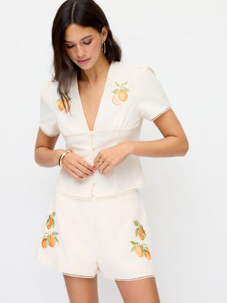 Linen-blend Fruit Graphic Mid Rise Embroidery Shorts