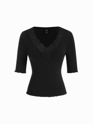 Cotton-blend V-neck Mid-length Sleeve Lace Trim Lettuce Trim Top