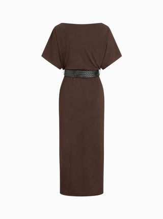 High Stretch Boat Neck Batwing Sleeve Straight Maxi Dress With Belt