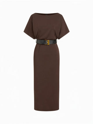 High Stretch Boat Neck Batwing Sleeve Straight Maxi Dress With Belt