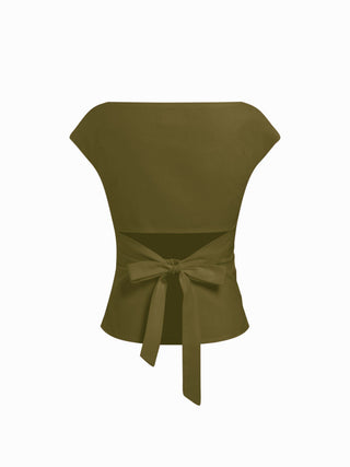 Linen-blend Boat Neck Ruched Cut Out Tie Back Top