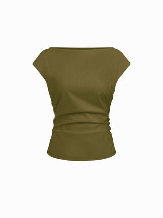 Linen-blend Boat Neck Ruched Cut Out Tie Back Top