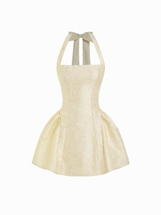 Jacquard Sculptural Halter Neckline Floral Bowknot Ruched Flared Mini Dress