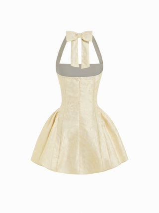 Jacquard Sculptural Halter Neckline Floral Bowknot Ruched Flared Mini Dress