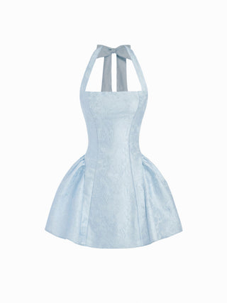 Jacquard Sculptural Halter Neckline Floral Bowknot Ruched Flared Mini Dress