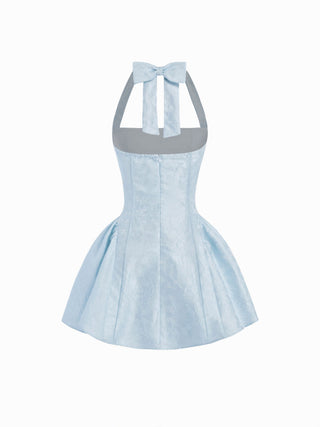 Jacquard Sculptural Halter Neckline Floral Bowknot Ruched Flared Mini Dress