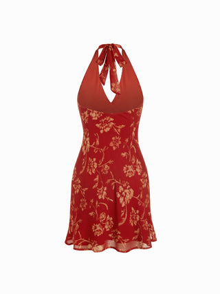 Chiffon Floral Halter Neckline Backless Mermaid Mini Dress