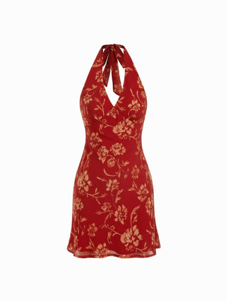 Chiffon Floral Halter Neckline Backless Mermaid Mini Dress