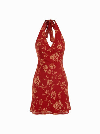 Chiffon Floral Halter Neckline Backless Mermaid Mini Dress