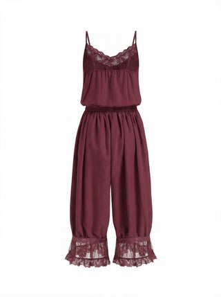 V-neck Lace Panel Oversized Drawstring Bloomer Jumpsuit