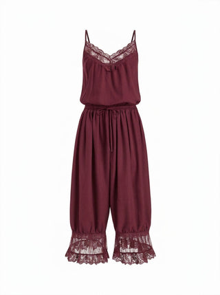 V-neck Lace Panel Oversized Drawstring Bloomer Jumpsuit