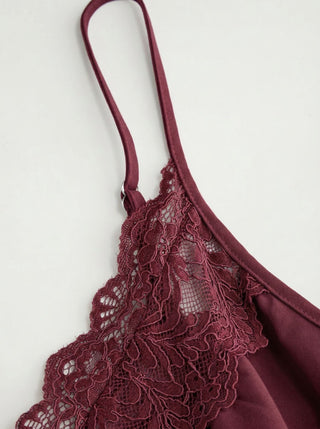 V-neck Lace Panel Oversized Drawstring Bloomer Jumpsuit