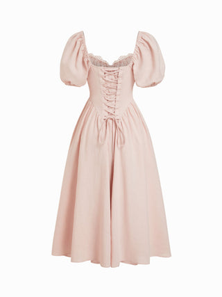 Linen-blend Sweetheart Neck Puff Sleeve Draped Lace Up Milkmaid Maxi Dress