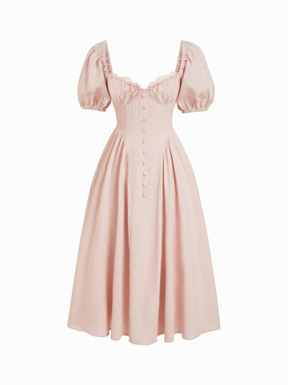 Linen-blend Sweetheart Neck Puff Sleeve Draped Lace Up Milkmaid Maxi Dress