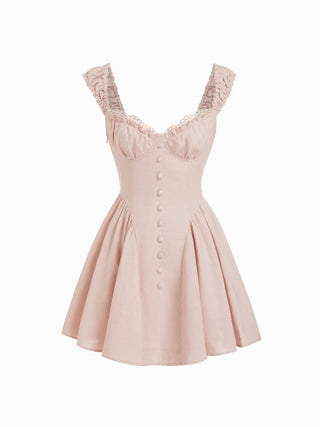 Linen-blend Sculptural Sweetheart Shirred Draped Flared Mini Dress
