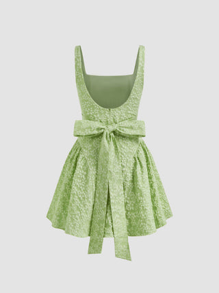 Jacquard U-neckline Floral Backless Bowknot Mini Dress