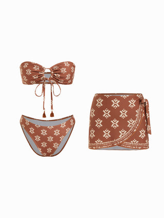 Halter Neckline Aztec O-Ring Tassel Low Rise Cheeky Bikini Set With Sarong
