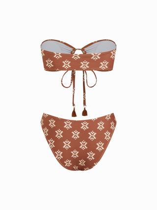 Halter Neckline Aztec O-Ring Tassel Low Rise Cheeky Bikini Set With Sarong
