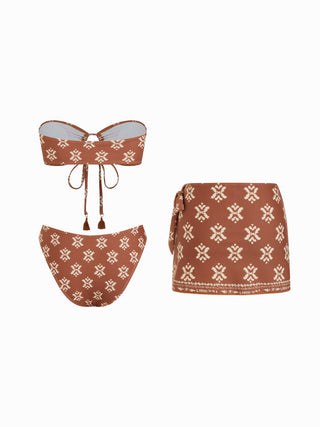 Halter Neckline Aztec O-Ring Tassel Low Rise Cheeky Bikini Set With Sarong
