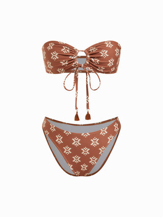 Halter Neckline Aztec O-Ring Tassel Low Rise Cheeky Bikini Set With Sarong