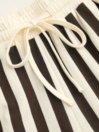 Knit Fabric Color-Blocked Stripes Collar Top & Mid Rise Drawstring Shorts Set For Daily Casual
