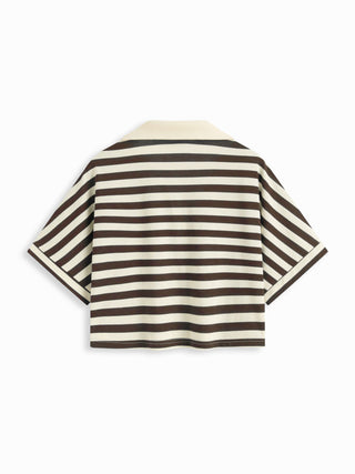 Knit Fabric Color-Blocked Stripes Collar Top & Mid Rise Drawstring Shorts Set For Daily Casual