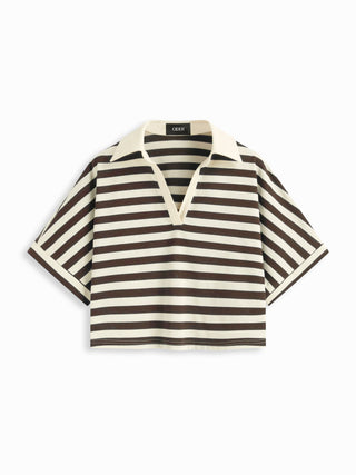 Knit Fabric Color-Blocked Stripes Collar Top & Mid Rise Drawstring Shorts Set For Daily Casual