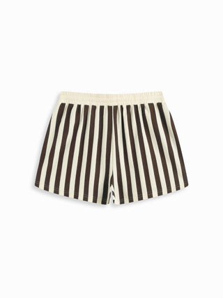 Knit Fabric Color-Blocked Stripes Collar Top & Mid Rise Drawstring Shorts Set For Daily Casual
