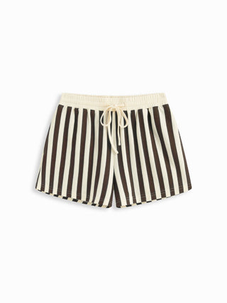 Knit Fabric Color-Blocked Stripes Collar Top & Mid Rise Drawstring Shorts Set For Daily Casual