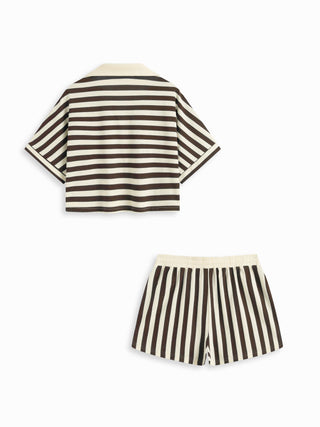Knit Fabric Color-Blocked Stripes Collar Top & Mid Rise Drawstring Shorts Set For Daily Casual