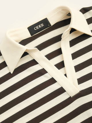 Knit Fabric Color-Blocked Stripes Collar Top & Mid Rise Drawstring Shorts Set For Daily Casual