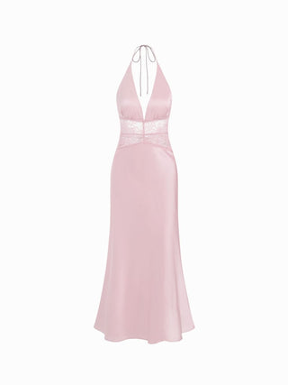 Satin Polka Dot V-neck Lace Panel Mermaid Maxi Dress