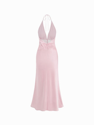 Satin Polka Dot V-neck Lace Panel Mermaid Maxi Dress