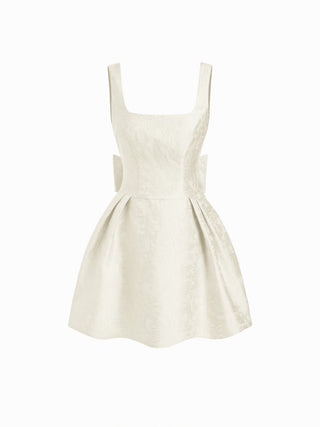 Jacquard Sculptural Square Neck Bowknot Flared Mini Dress