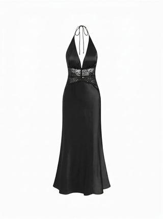 Satin Polka Dot V-neck Lace Panel Mermaid Maxi Dress