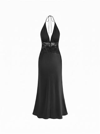 Satin Polka Dot V-neck Lace Panel Mermaid Maxi Dress