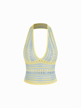 Knit Striped Halter Neck Cut Out Crop Top