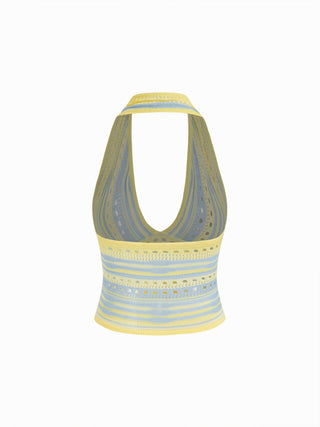 Knit Striped Halter Neck Cut Out Crop Top
