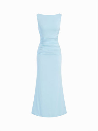 Boat Neck Ruched Pearl-Back Detail Maxi Dress