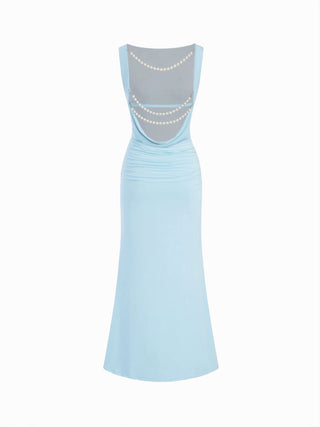 Boat Neck Ruched Pearl-Back Detail Maxi Dress